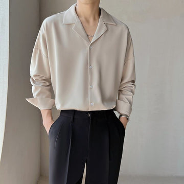 Riolio Mature Men Clothing Senior Spring Cuban Neck Shirt for Men Solid Color Fashion Loose Casual Drop Long Sleeve Men Dress Shirt